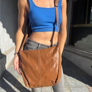 Bruce Alan Made in USA Tan Leather Crossbody Bag | Soft Vintage Minimalist Tote